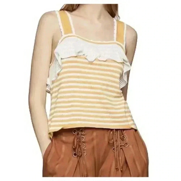 BCBGeneration Womens Yellow Ruffled Cropped Striped Tank Top Shirt Small NEW - Picture 1 of 4
